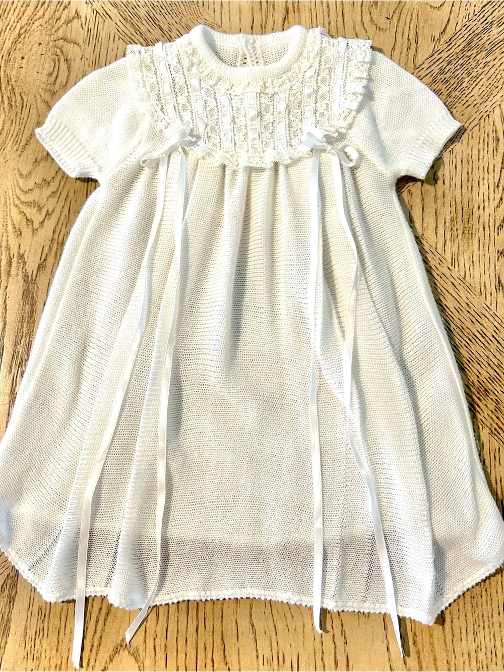 VTG 60’s 70’s White Knit Baby Dress Lace Satin Ribbon 12-18 Months?